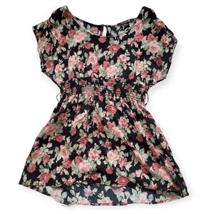 Vintage Y2K Forever 21 Floral Print Blouse Black Pink Large Boho Cottagecore